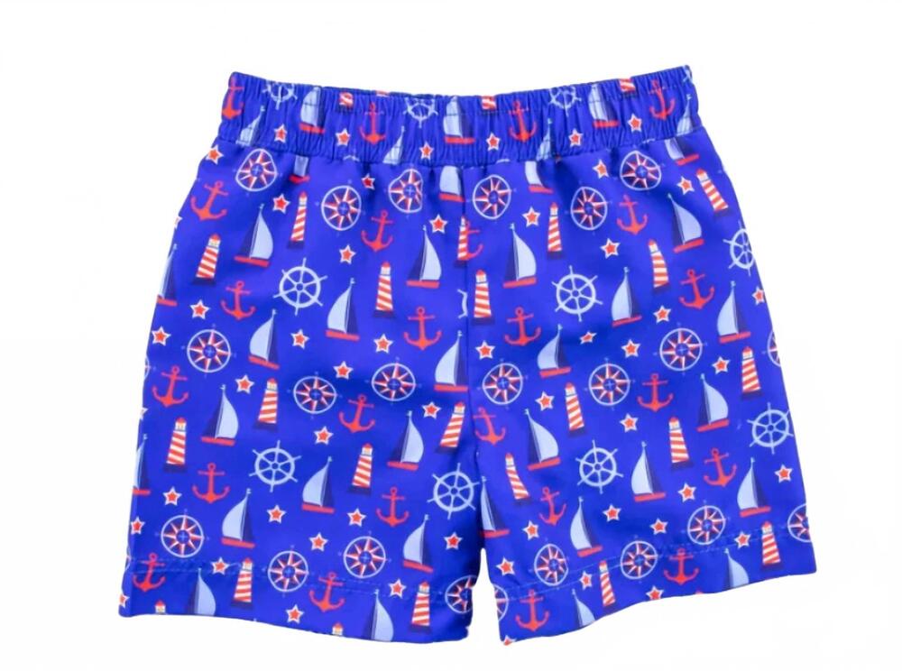 NEW FLORENCE EISEMAN boys nautical print swim trunks in royal blue